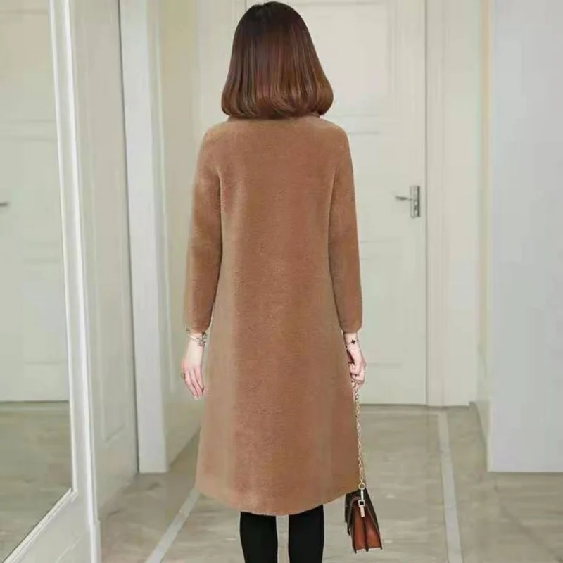 Women 2023 New Fake Cashmere Jacket Female Fur One Imitation Furas Square Cut Collar Outwear  Slim Medium and Long Overcoat