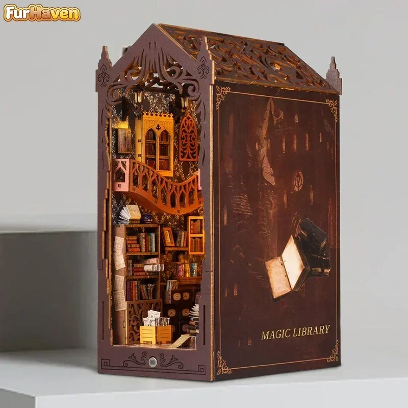 Magic Library DIY WoodenBook Nook Shelf Insert Kits Miniature Building Kit Bookends Bookshelf Dollhouse for Friends Xmas Gifts