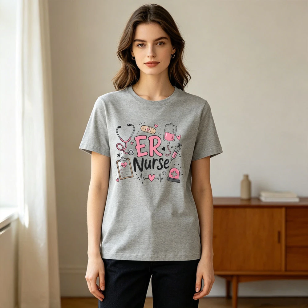 ER Nurse Pink Blue Medical Tools ECG Cute Doodle Women Cotton Tshirt Emergency Department Staff Simple Graphic Campus Casual Top