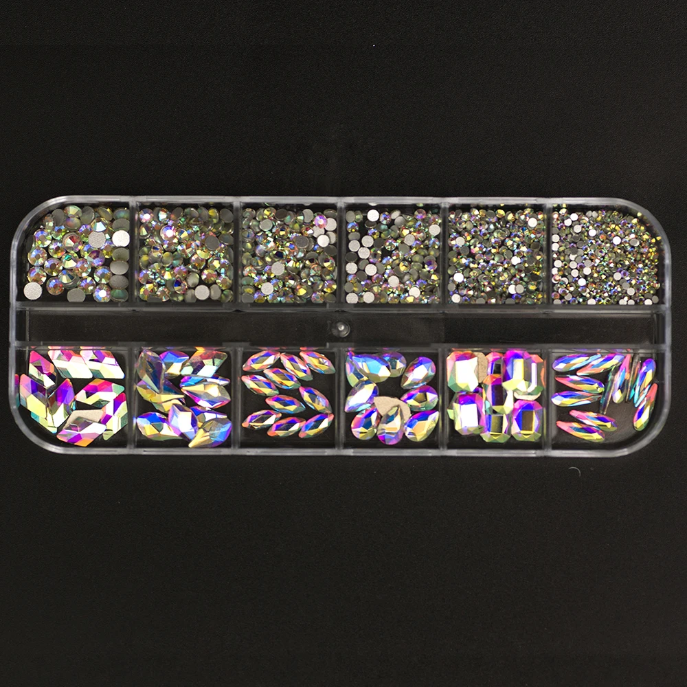 12Gird Box Multi Größe Farbe Flatback Glas Strass Nail art Zubehör Dekorative Kristall Diamant DIY Handwerk Steine – Detail 8