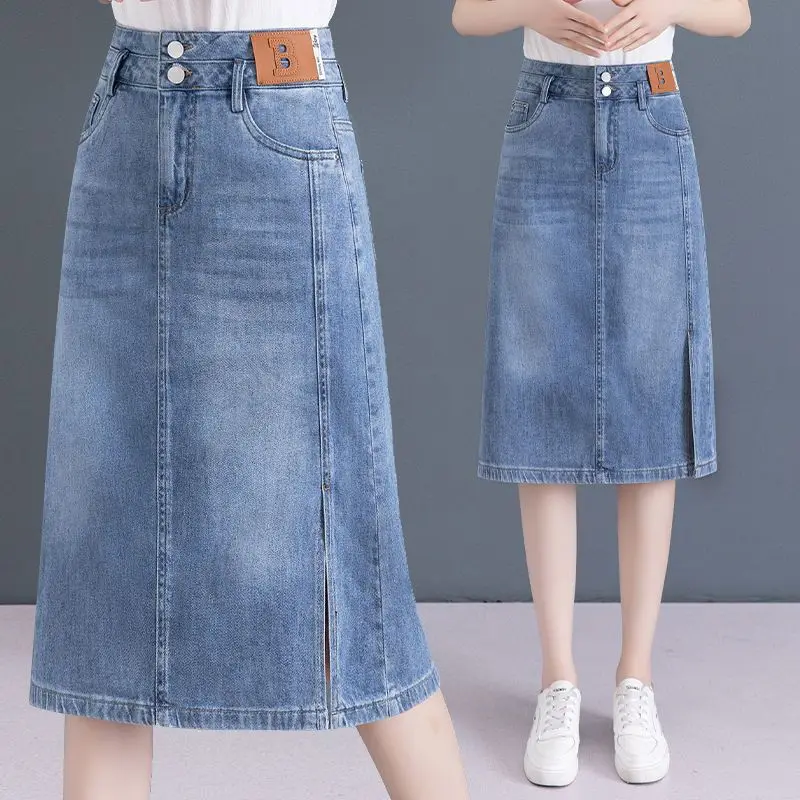 Saias jeans minimalistas de deslocamento, cintura alta, bolsos de botão, linha A, Midi fino, envolto no quadril dividido, monocromático, novo, verão, 2024