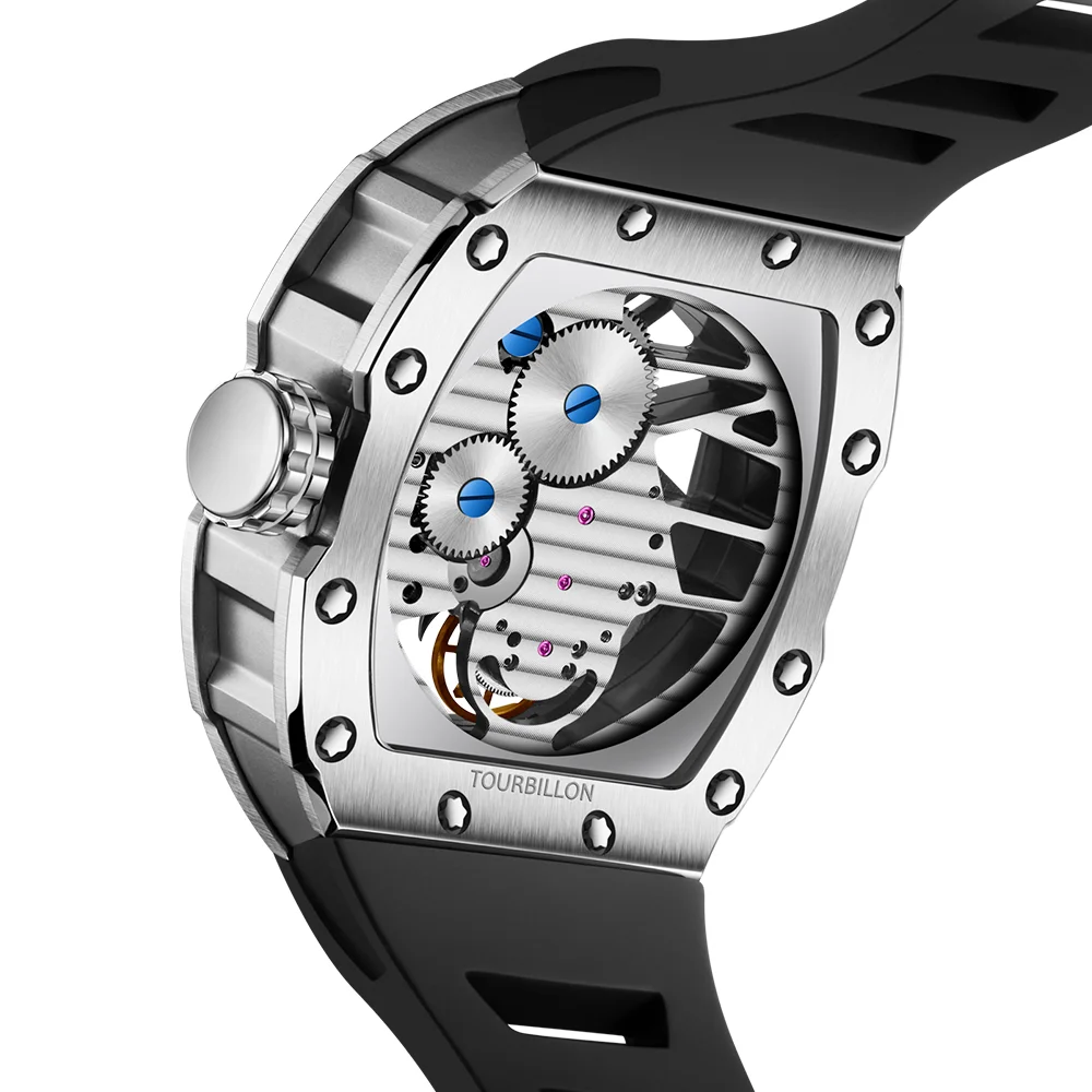 นาฬิกาตูร์บิญองสำหรับผู้ชาย ตัวเรือนสแตนเลส กระจกแซฟไฟร์ กันน้ำ นาฬิกากลไกเปลือย แสดงเวลาแบบเรืองแสงสีเขียว นาฬิกาหรูสำหรับนักธุรกิจ