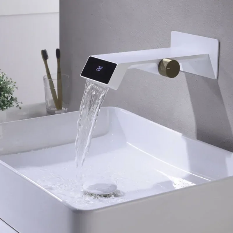 

Intelligent Digital Display LED Basin Faucet Hot and Cold Water Mixer Wall Mounted Bathroom Brass Washbasin Vanity Faucet