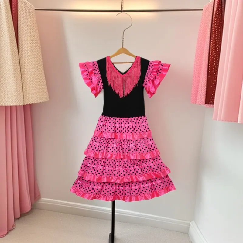 Kids Girls Spanish Flamenco Dance Costume Red Polka Dot Ruffle Long Dress Performance Outfit for Carnival Birthday Party - view 6