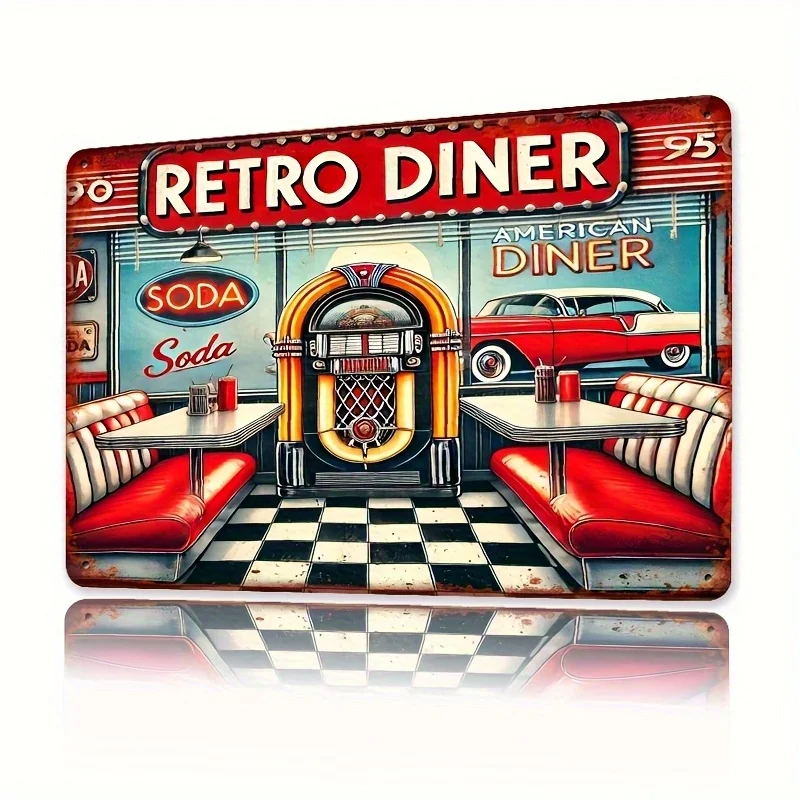 1 pieza Letrero Metálico Vintage de Diner - Decoración Retro Americana para Pared con Máquina de Refrescos y Coche, 30.48x20.32 cm, Uso Interior/Exterior