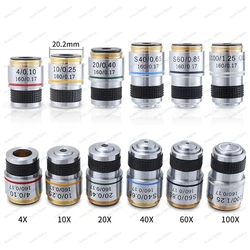 185 Achromatic Pure Copper objective Lens 4X 10X 20X 40X 60X 100X RMS 20.2mm for Biological Microscope Conjugate Distance 185 mm