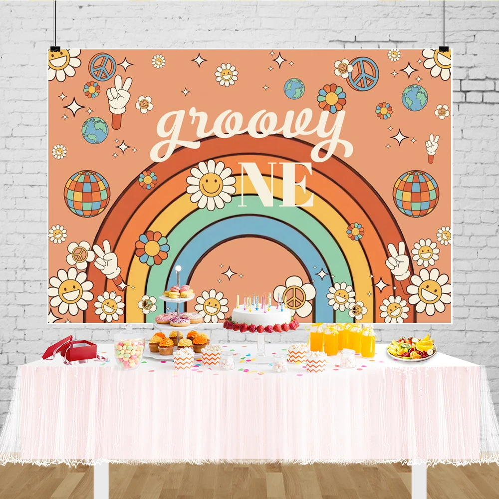 Groovy One Banner Backdrop 60s 70s Hippie Party Decorations Rainbow Daisy Flower Baby Birthday Photo Backgrounds for Photography