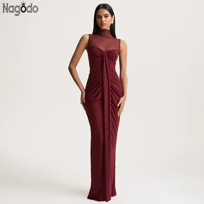 

Nagodo Summer Women Long Party Dress Sleeveless See Through Elegant Evening Gowns Pleated Slim Sexy Wine Red Maxi Dresses 2026