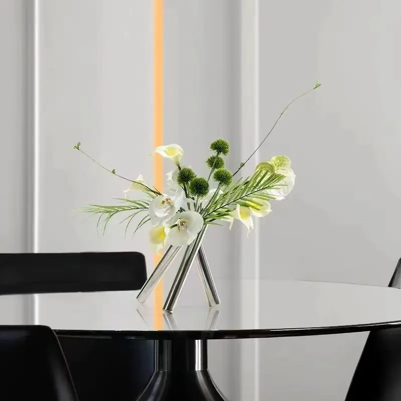 Creative Geometric Flower Vase Stainless Steel Tube Mirror Flower Ornament Modern Tripod Dried Flower Arrangement Desktop Decors