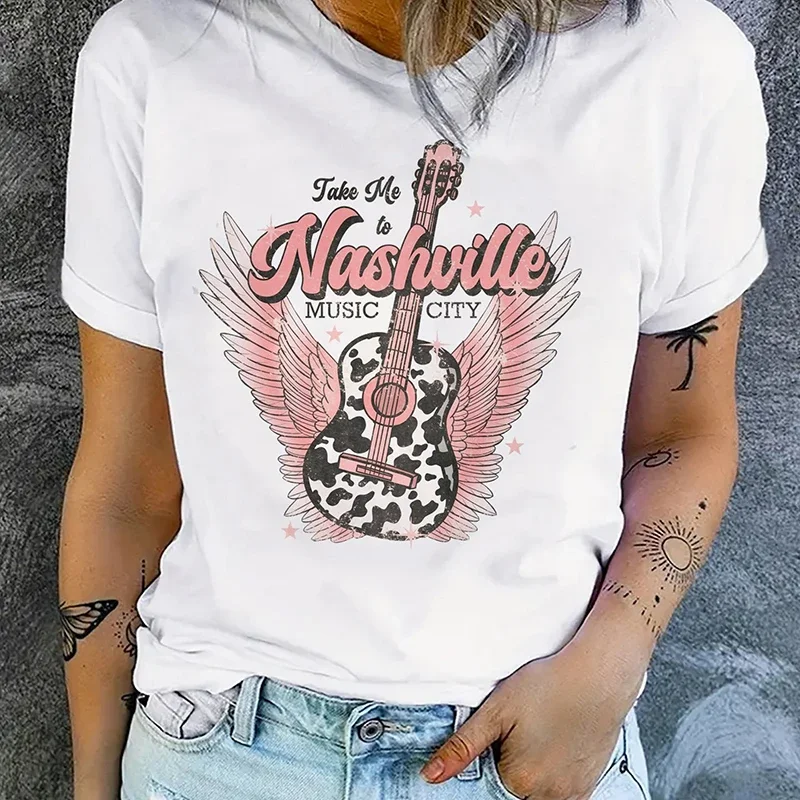 

Take Me To Nashville Print T-Shirt Short Sleeve Crew Neck Casual Top For Spring & Summer Women's Clothing Fashion White Tees