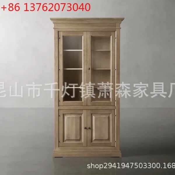 

American solid wood with glass door bookcase living room simple retro wall high cabinet