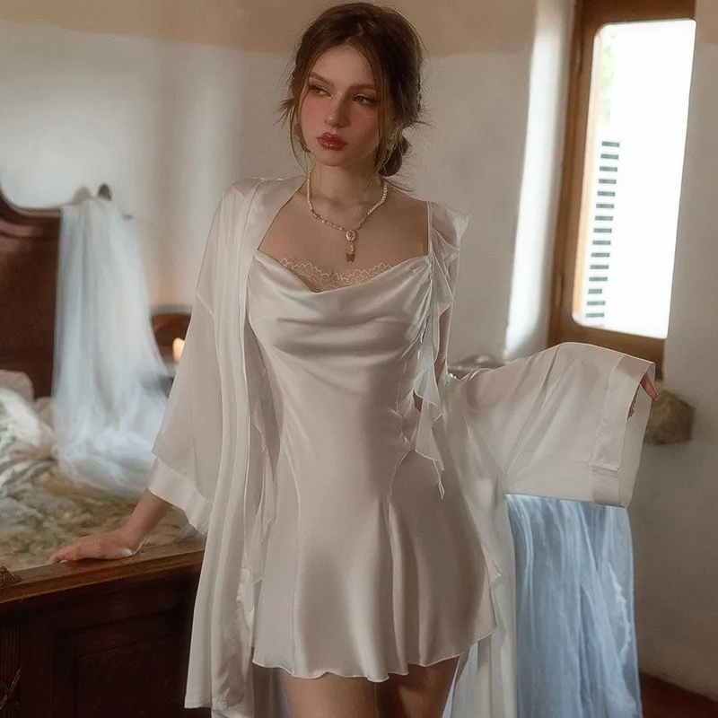 

Sexy Pajamas Women's New French Ice Silk Nightgown Light Luxury Home Clothes Pure Desire Temptation Set