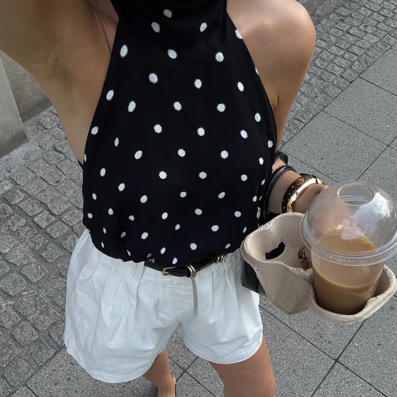 

Модный черный топ-халтер в горошек с кружевной шнуровкой без рукавов для женщин, весна-лето 2026, повседневный облегающий жилет