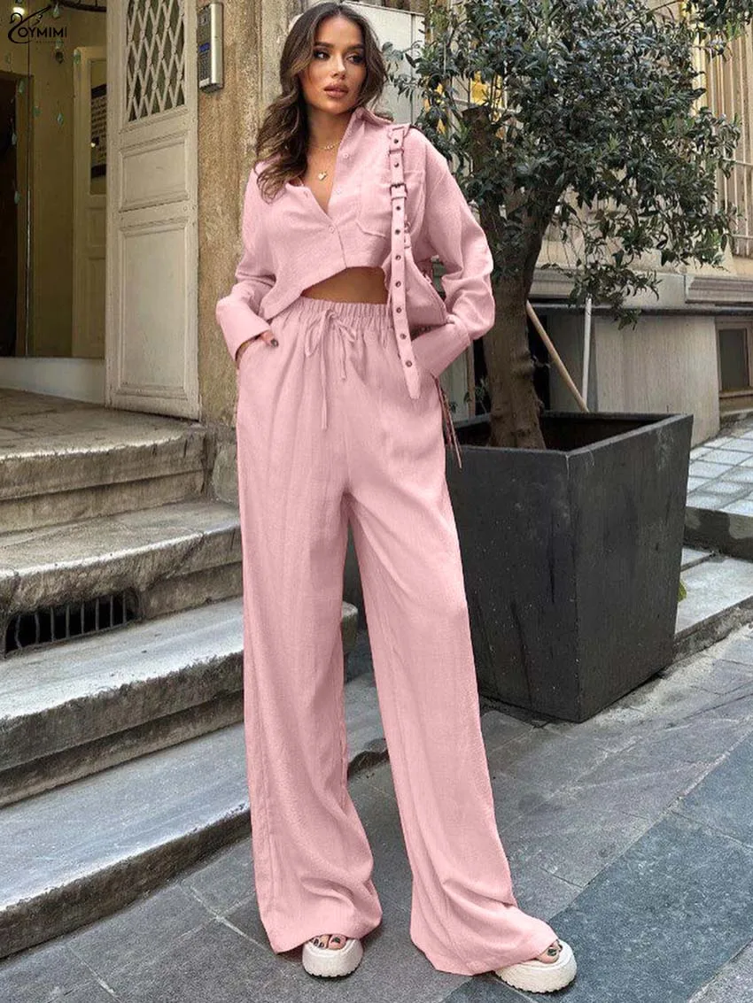 

Oymimi Casual Pink Cotton Two Piece Set Woman Fashion New Long Sleeve Button Pockets Shirts And Drawstring Simple Trousers Sets