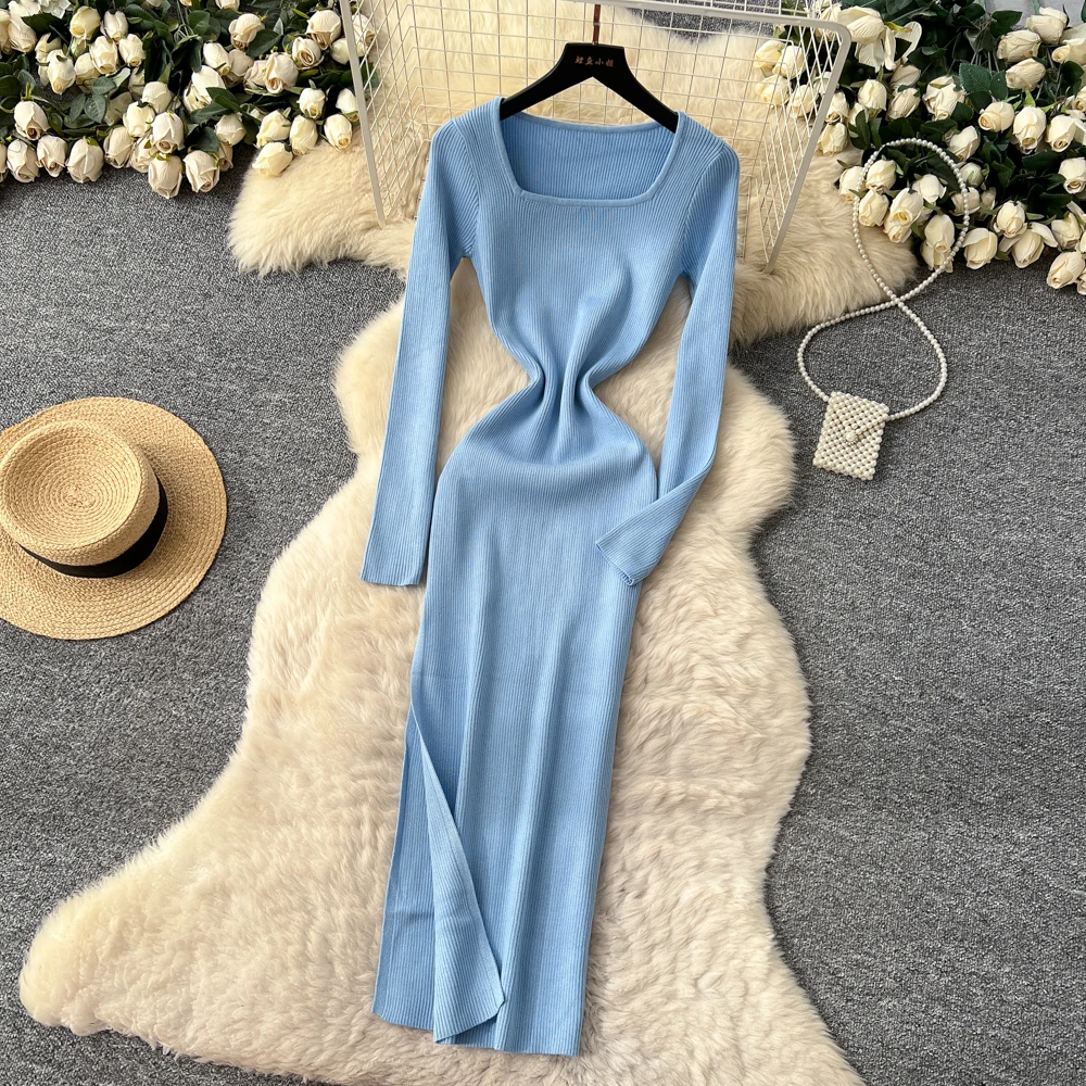 حقيقي الخريف الشتاء الجانب سبليت المرأة محبوك التفاف فساتين الصلبة طويلة الأكمام ساحة طوق أسفل غمد فستان رصاص الإناث