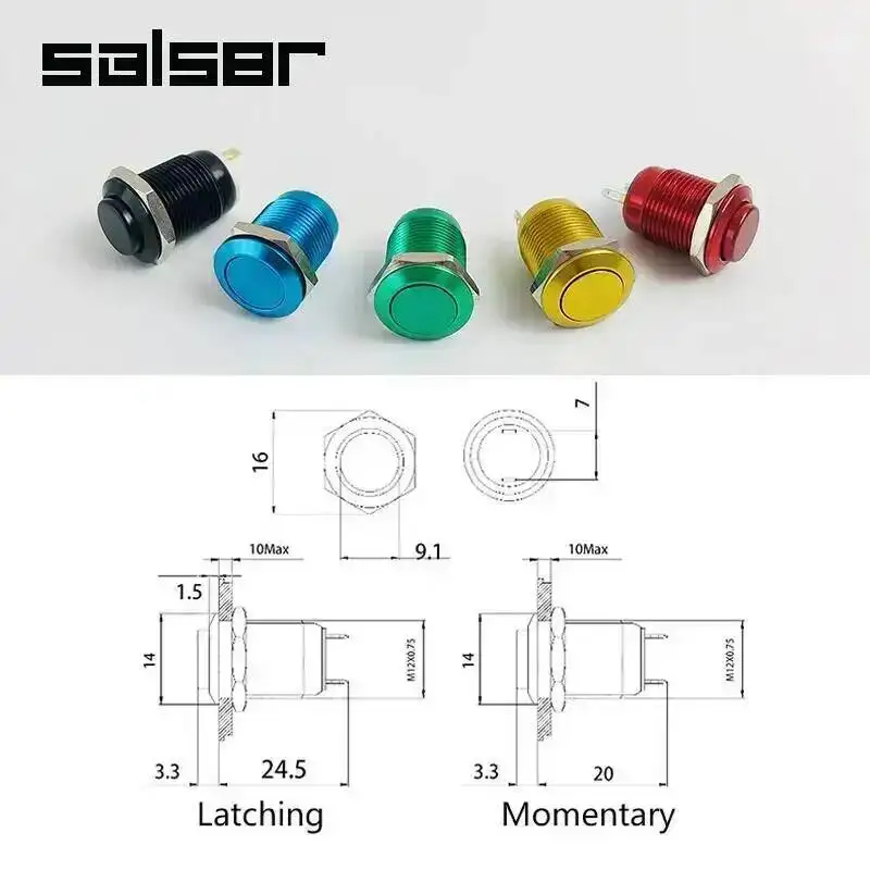 10 Peças Botão de Pressão Metálico de 12mm Anodizado Vermelho Azul Verde Preto Amarelo à Prova d'Água com Cabeça Plana Alta e Fixação Momentânea