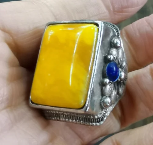 

Antique Collection Old Silver Inlaid Old Beeswax Ring Silver Jewelry Square Ring Baked Blue Open Ring