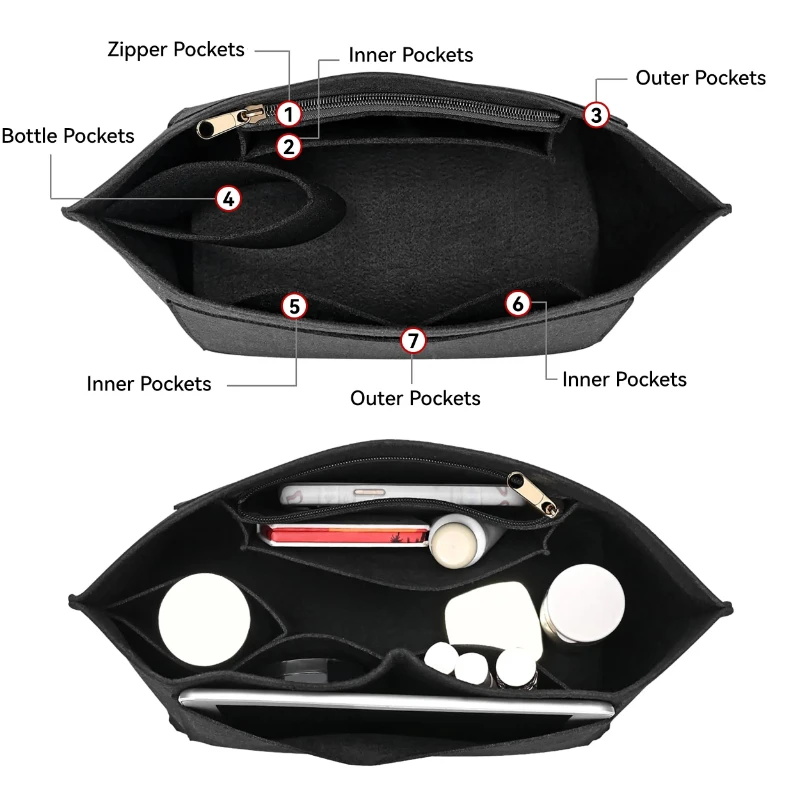 Felt Purse Organizer Insert with Multi Pockets, Bag-in-Bag Liner for Handbags & Backpacks, Travel Makeup Storage Bag