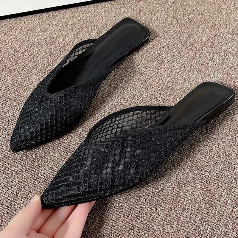 New Mesh Women Flats Pointed Toe Slippers Fad Breathable Mules Shoes 2024 Casual Slingback Sandals Summer Slides Lady Flip-flops