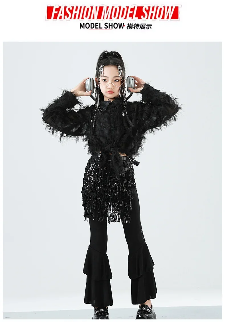 Mädchen Western-Style Performance-Outfit Jazz-Tanzkostüm mit Federn und Strass Glänzende Kinder-Bühnen-Partykleidung – Detail 2