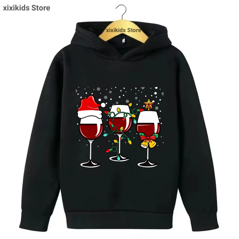 Christmas Wine Glasses Printed Cap Hoodies Girls/Boys Dinosaur/Car/Santa Claus Kids Clothes Fashion Plus Velvet Sweatshirt Coat