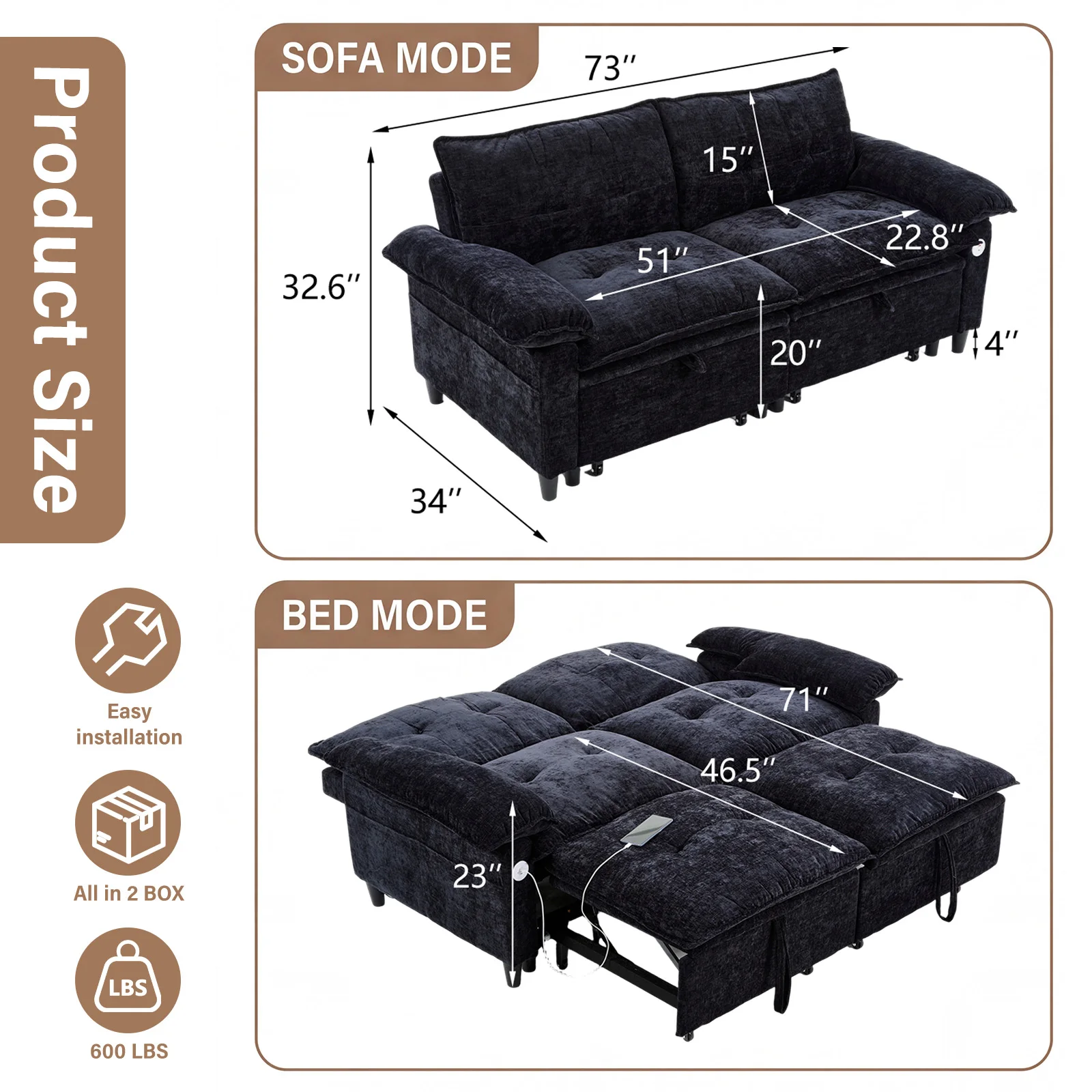Double-person Convertible Sleeping Lounging Sofa With USB Charging Port 2-in-1 Upholstered Sofa Equipped With Thick  High-density Cushions Suitable for Small-sized Living Rooms Bedrooms Study Rooms Offices