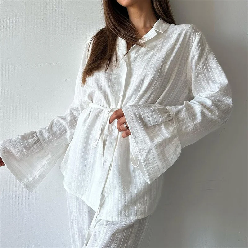 Europe Style Pijama Mujer New Solid Color Sleepwear Set Long Sleeve 100% Cotton Homewear Pajamas Suit Ruffle Pyjamas Women