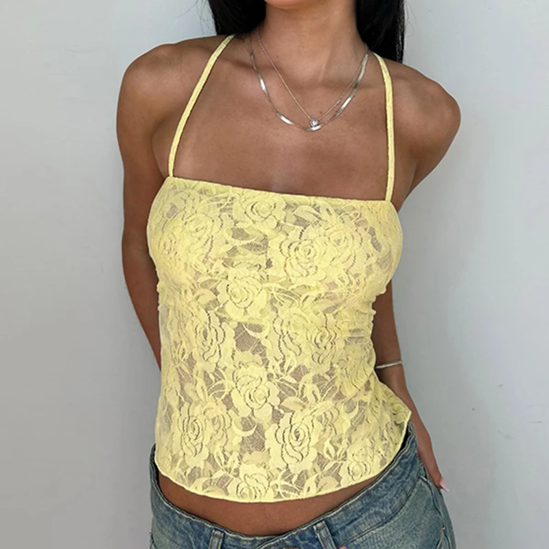 

Rockmore Floral Lace Mesh Sheer Camis Vintage Spaghetti Strap Top Women Summer Sleeveless Vest Y2K Fairycore Backless Crop Tops