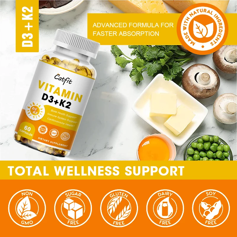 Premium Vitamin D3+K2 Capsules Vitamin D3 5000 K2 (MK7) For Whole Wellness & Immune Vitamins Supplement