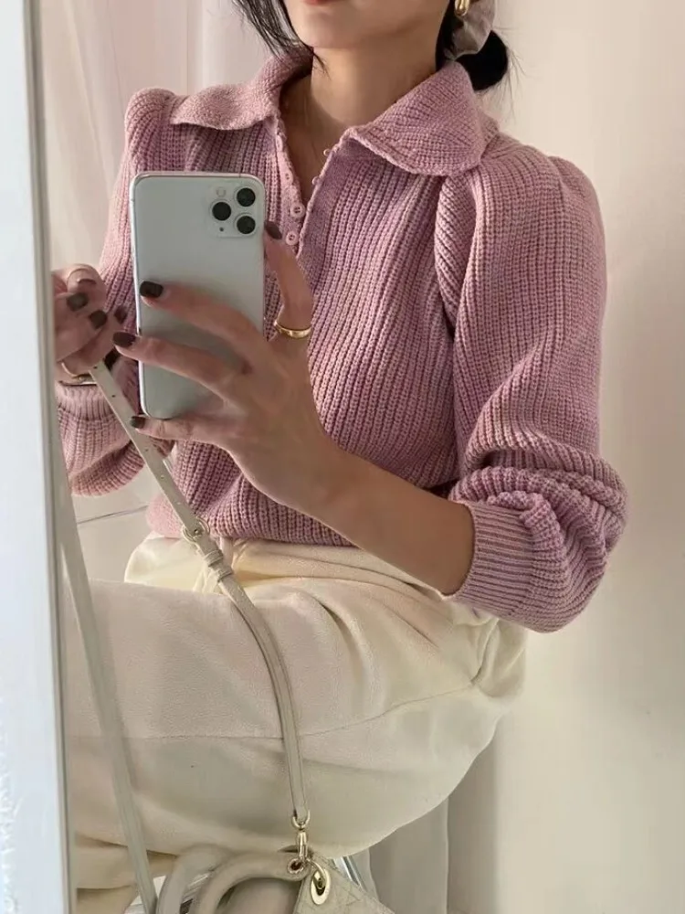الكورية Sle المرأة محبوك سترة فقاعة Sve العلوي التخسيس خمر طوق الخريف الشتاء Faionable رداء علوي غير رسمي #1