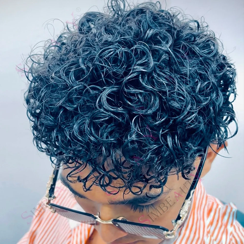 

22MM Curly Men's Wig 100% Human Hair Super Durable Full PU Base Toupee Men Capillary Prosthesis Unit Replacement System For Male