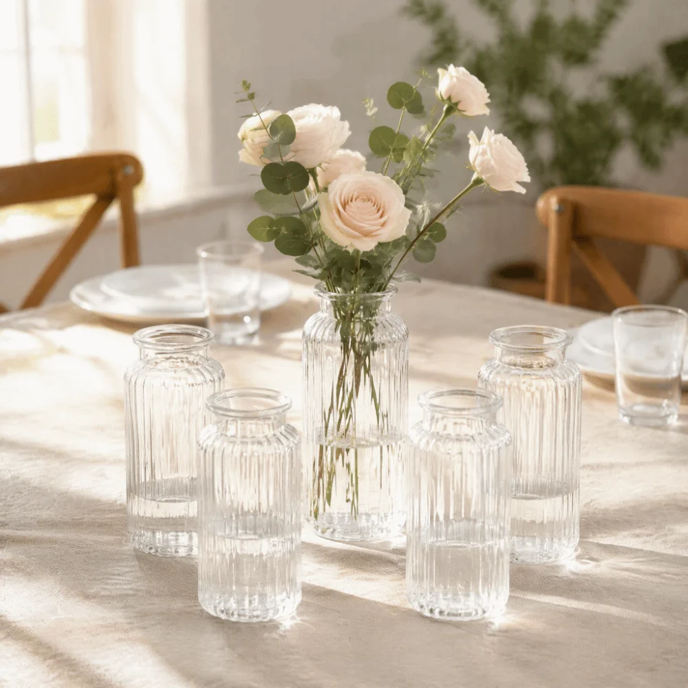 Nordic Style Flower Vase Unbreakable Plastic Ribbed Design Clear Flower Vase Cylinder Shape Large Size Flower Arrangement