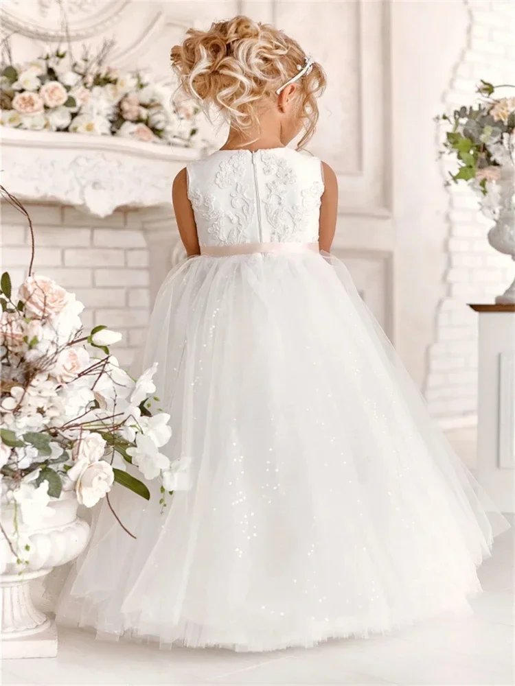 White Shiny Tulle Appliques Flower Girl Dresses Pink Belt With Zipper Sleeveless For Wedding Birthday Party First Communion Gown