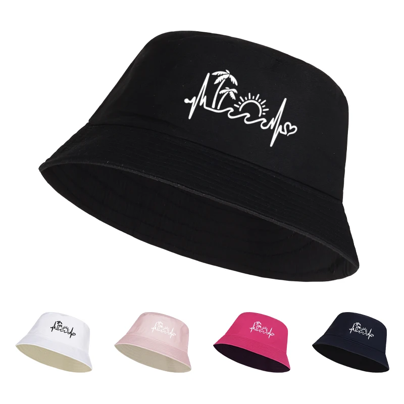 Beach Heartbeat Print Bucket Hat Casual Foldable Fisherman Hat for Women Summer Beach Vacation Outdoor Activities