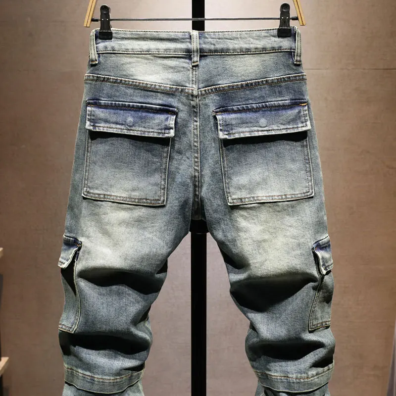 Y2K Italian autumn fashion men's jeans washed with retro pockets decorated with retro elastic slim fit retro light blue jeans It