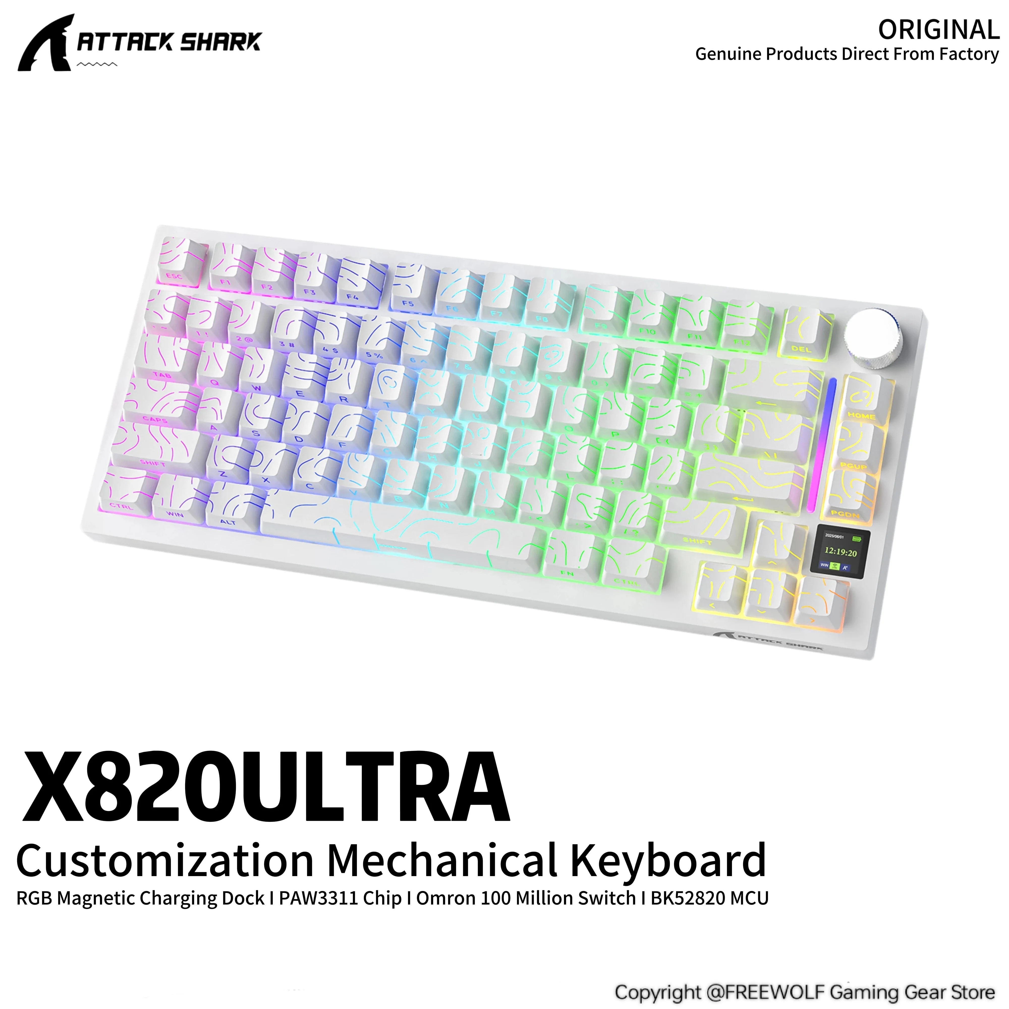Wired/2.4G/BT Keyboard X820 Ultra Mechanical Keyboard,Attack Shark CNC Metal Knob,LED Multimedia Display Screen,4000mAh Battery