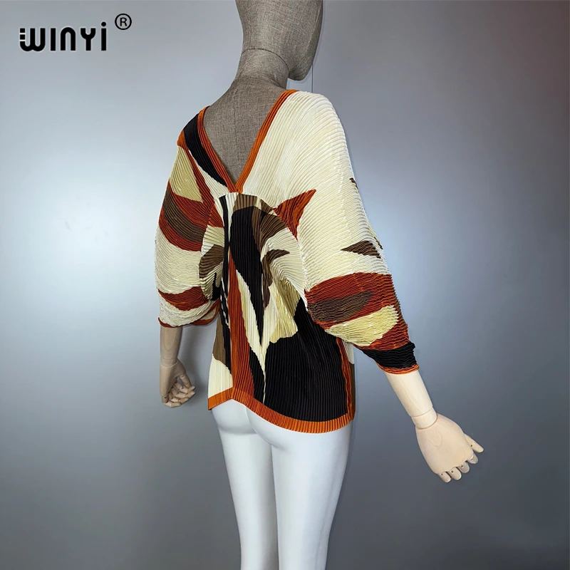 WINYI Top elastico plissettato taglia libera per donna, top da spiaggia estivo bohémien, manica a pipistrello, copricostume da spiaggia con vestiti stampati boho