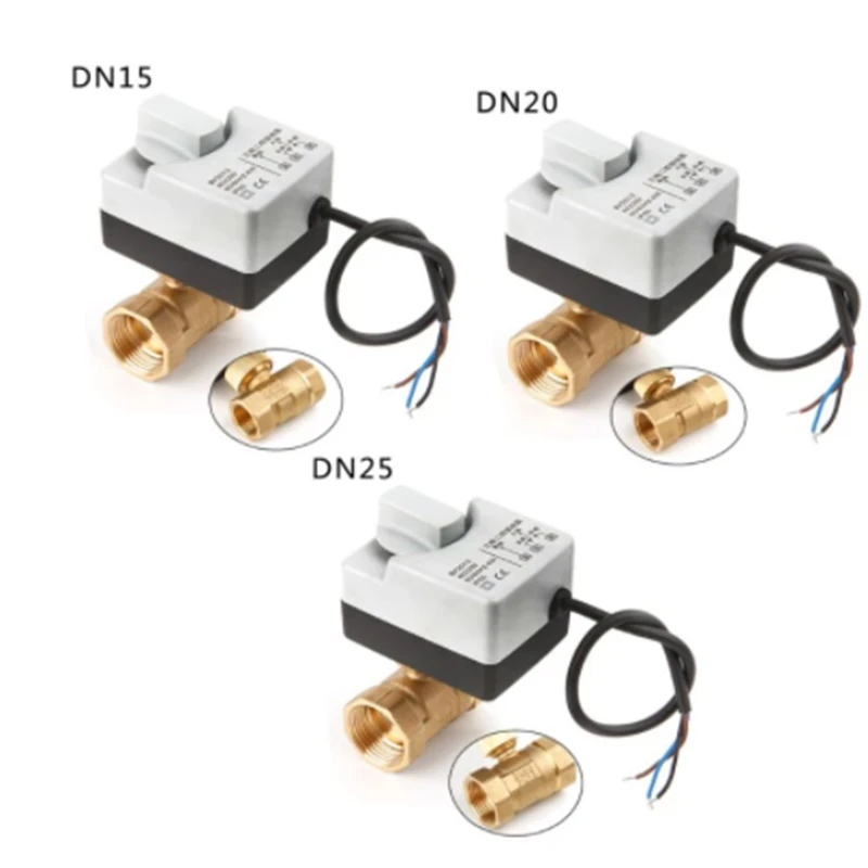 DN15 DN20 DN25 النحاس صمام كهربائي 2-way صمام كروي مزود بمحرك ثلاثة أسلاك كهربائية مع مفتاح يدوي