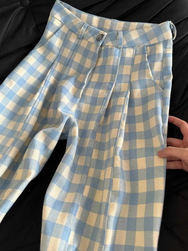 Koreańskie spodnie damskie w niebieską kratę, z wysokim stanem, szerokimi nogawkami, lekkie, letnie, modne, luźny krój.