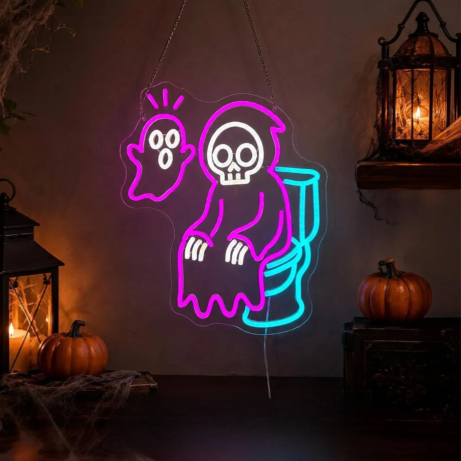 Grim Reaper On Toilet Neon Sign LED Halloween Wall Light, USB Funny Bathroom Neon Lamp, Christmas Gift Bar Restroom Party Decor