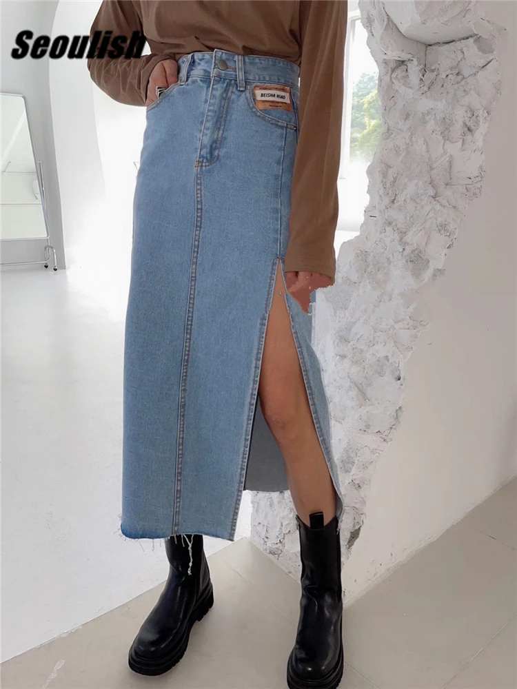 Seoulish Summer 2022 New Women's Long Denim Skirt Vintage High Wasit Jeans Skirt Female Straight Side Split A-line Pencil Skirts