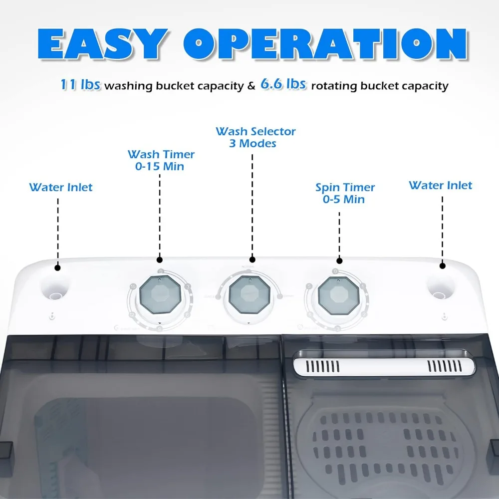 子供用2-in-1洗濯機,ミニツイン洗濯機,容量17.6ポンド,重力式ドレンポンプ