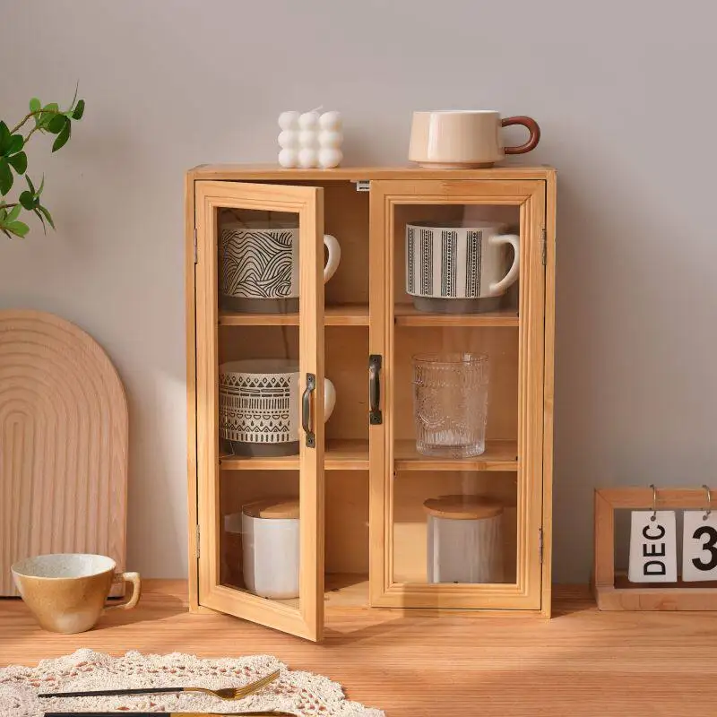 HYS Log Solid Wood Tea Set Cup Storage Cabinet Dust-proof Household Dining Table Shelf Glass Desktop Cosmetics Storage Box