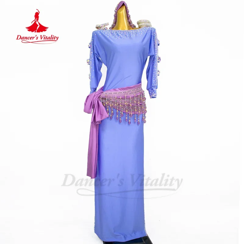 

Belly Dancing Performance Costume Customized Senior AB Stones Robe+tassel Waistband+headband 3pcs Saidi Baladi Competition Wear