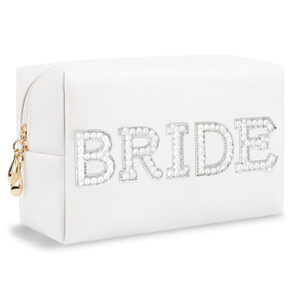 

Bride Makeup Bag with Pearl Rhinestone Patch Cosmetic Toiletry Pouch Bridal Shower Wedding Bridal Party Accessories for Bride