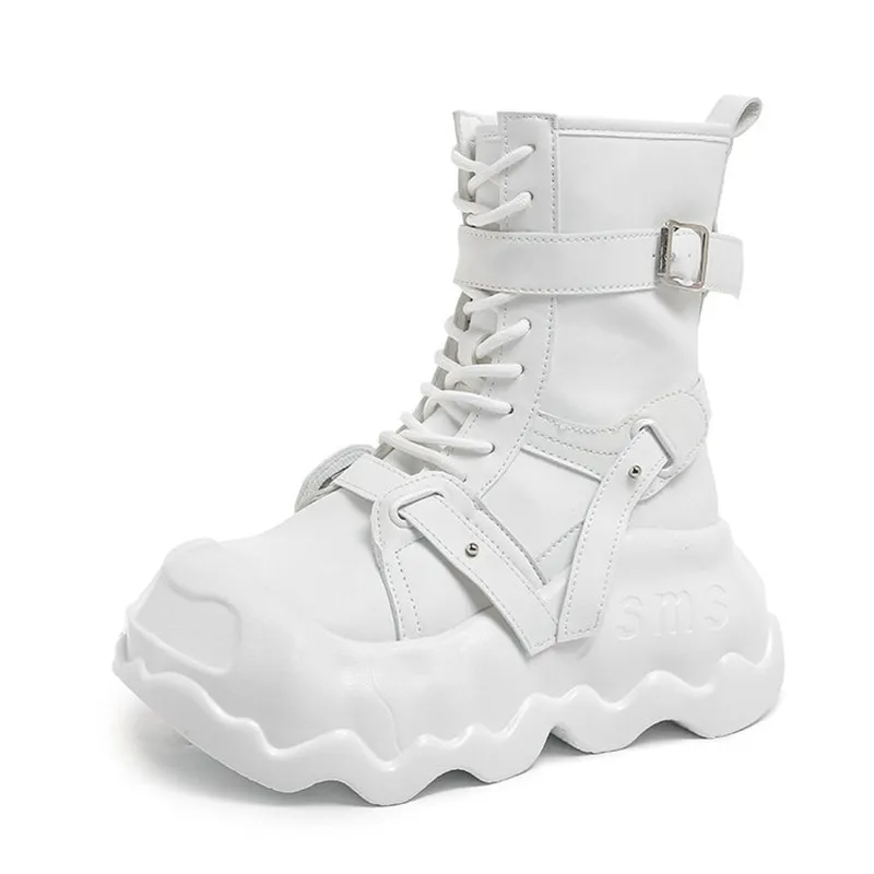 

8CM Fashion Women's Leather Punk Style Ankle Boots 2026 Autumn Winter Heels Chunky Sneakers High Platform Motorcycle Boots Woman