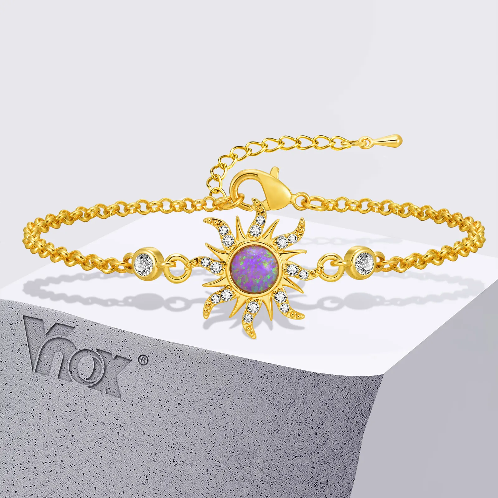 Vnox Purple Opal Stone Sun Charm Bracelets for Women Girls, Gold Plated Copper Cable O Chain Wristband, Cubic Zirconia Jewelry