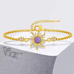 Vnox Purple Opal Stone Sun Charm Bracelets for Women Girls, Gold Plated Copper Cable O Chain Wristband, Cubic Zirconia Jewelry