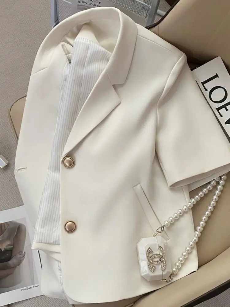 

Корейские модные женские бежевые однобортные короткие пиджаки с короткими рукавами, летние элегантные офисные куртки, топы, популярная уличная одежда, тренд