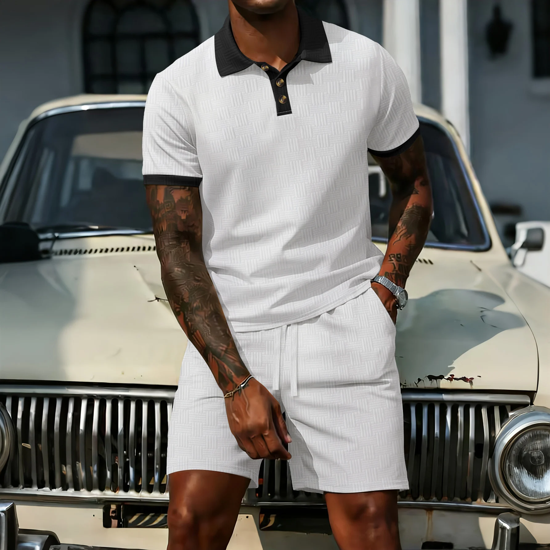 

Men's Summer Contrast Trim Polo Shirt and Shorts Set, Black Textured 2 Piece Outfit